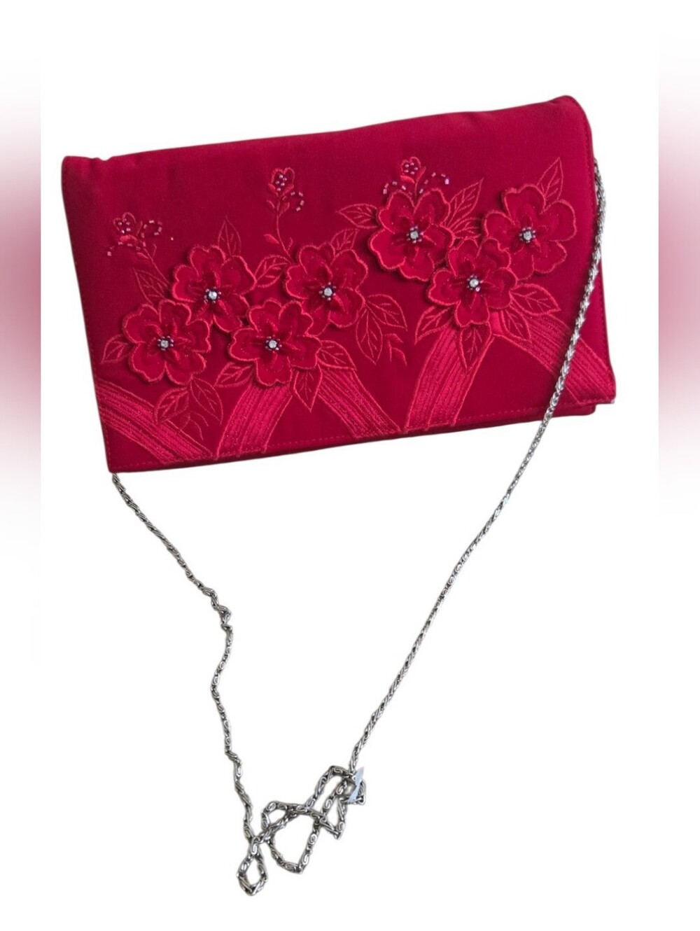 Ben Marc Vintage Red Floral Beaded Embroidered Evening Clutch Shoulder Bag